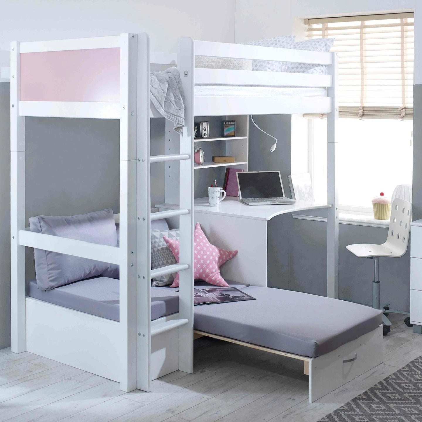 Nordic High Sleeper Loft Bed with Desk, Shelves & Chair Bed